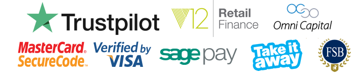 Company logos of organisations we use. Trustpilot, V12 Retail Finance, Omni Capital Retail Finance, Take It Away, FSB, Mastercard, Verified by Visa, SagePay