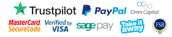 Company logos of organisations we use. Trustpilot, V12 Retail Finance, Omni Capital Retail Finance, Take It Away, FSB, Mastercard, Verified by Visa, SagePay